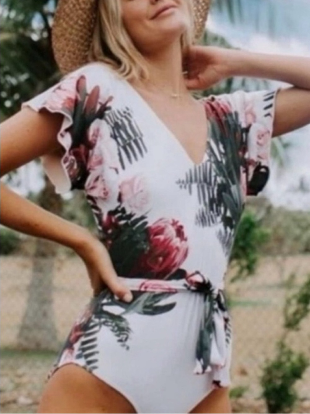 Albion Fit Floral V-Neck One-Piece Cape floral Swimsuit with removable tie